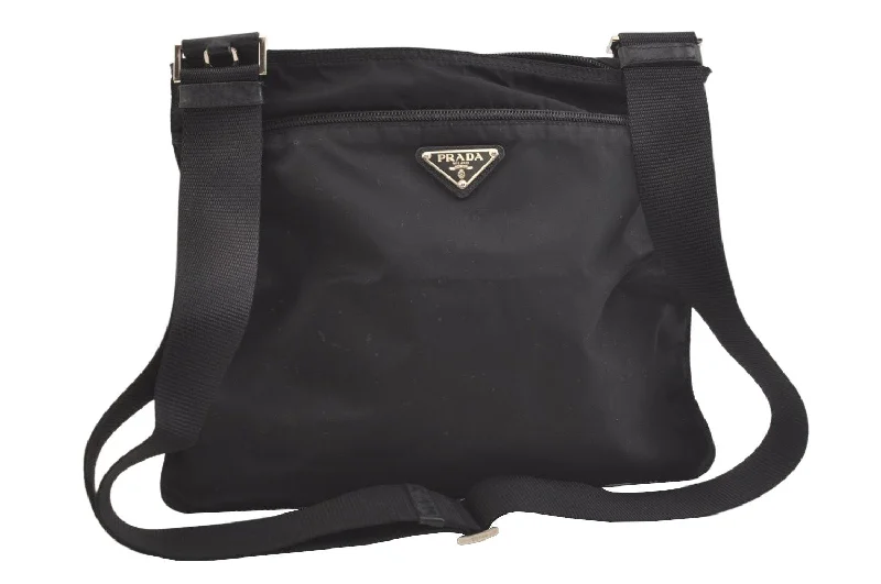 Prada bags with a chain - link trim and a leather body for a modern and stylish edgeAuthentic PRADA Nylon Tessuto Leather Shoulder Cross Body Bag Black Junk 3160K