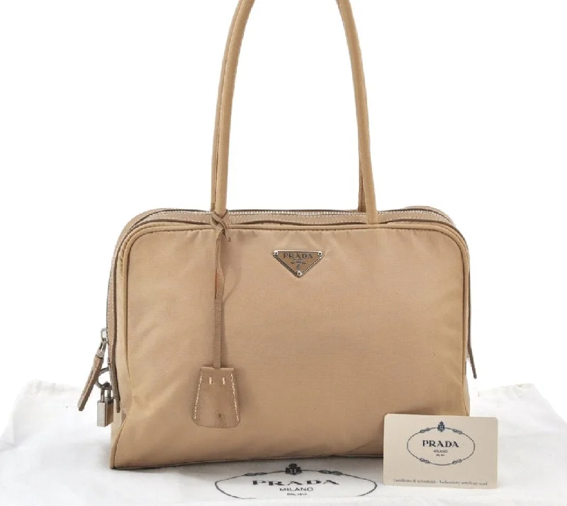 Prada bags with a detachable mirror inside for quick touch - upsAuthentic PRADA New Tessuto Spo Nylon Leather Hand Bag BR1186 Beige 3721K