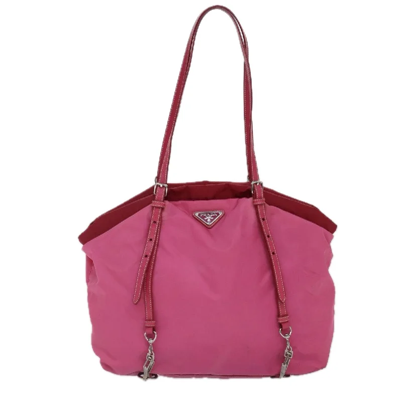 Prada bags with a snap - button closure and a decorative charm for a fashionable lookPRADA Tote Bag Nylon Pink Silver  86878