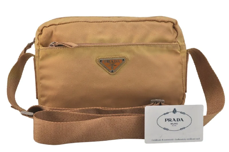 Prada handbags with a metal - framed clasp for durability and styleAuthentic PRADA VELA Nylon Tessuto Leather Shoulder Cross Bag B9061 Beige 3452K