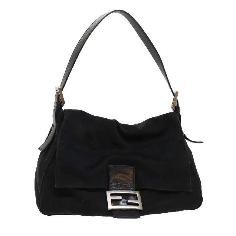 Ladies Fendi shoulder bags with a detachable phone stand for hands - free viewingFENDI Mamma Baguette Shoulder Bag Nylon Leather Black  yk7563B