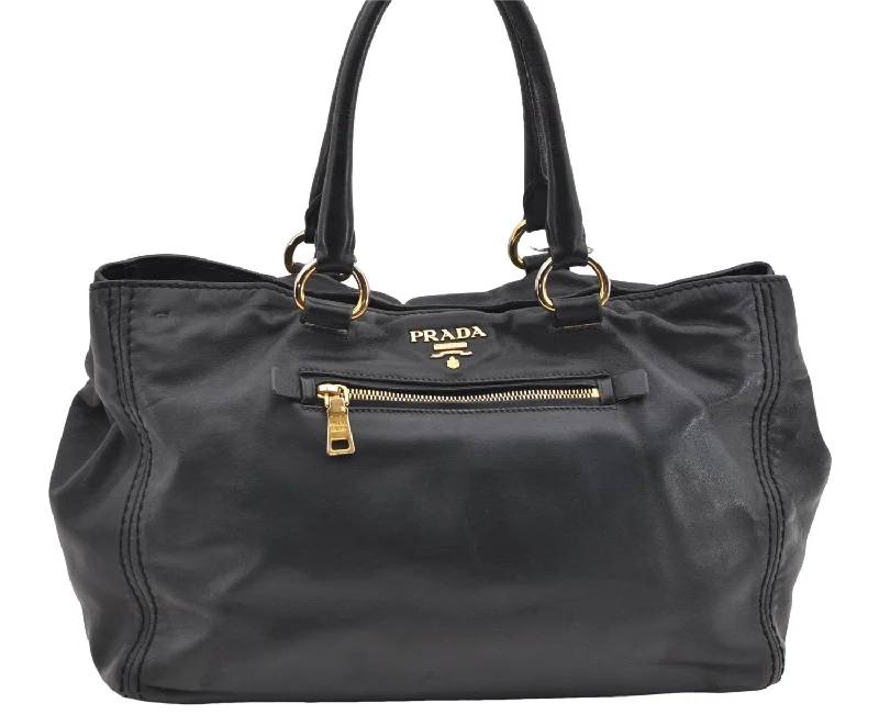 Prada bags with a front - zip pocket for small items like cards and keysAuthentic PRADA Vintage Leather 2Way Shoulder Tote Bag Black 1654E