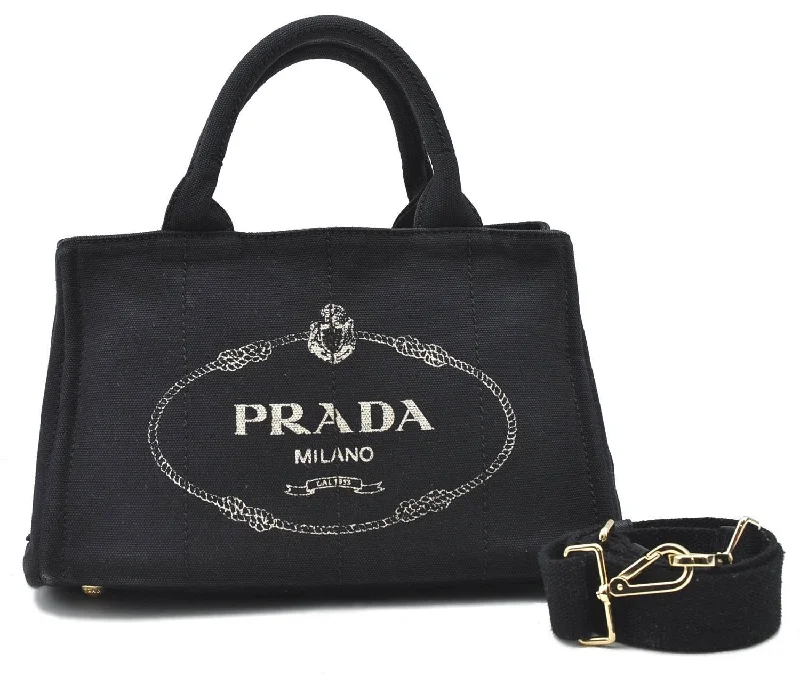 Ladies Prada shoulder bags with a tassel - adorned zipper for added charmAuthentic PRADA Canapa SS 2Way Shoulder Hand Bag Canvas Black 4324D