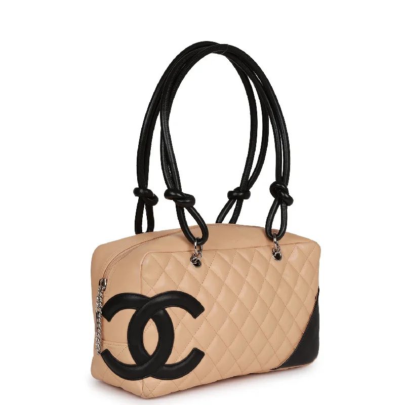 Chanel bags with chain and leather strap combinationsVintage Chanel Cambon Bowler Bag Beige and Black Calfskin Silver Hardware