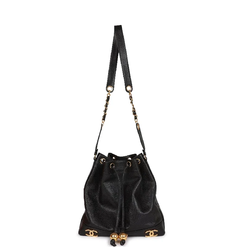 Chanel bags with intricate metal hardwareVintage Chanel CC Bucket Bag Black Caviar Gold Hardware