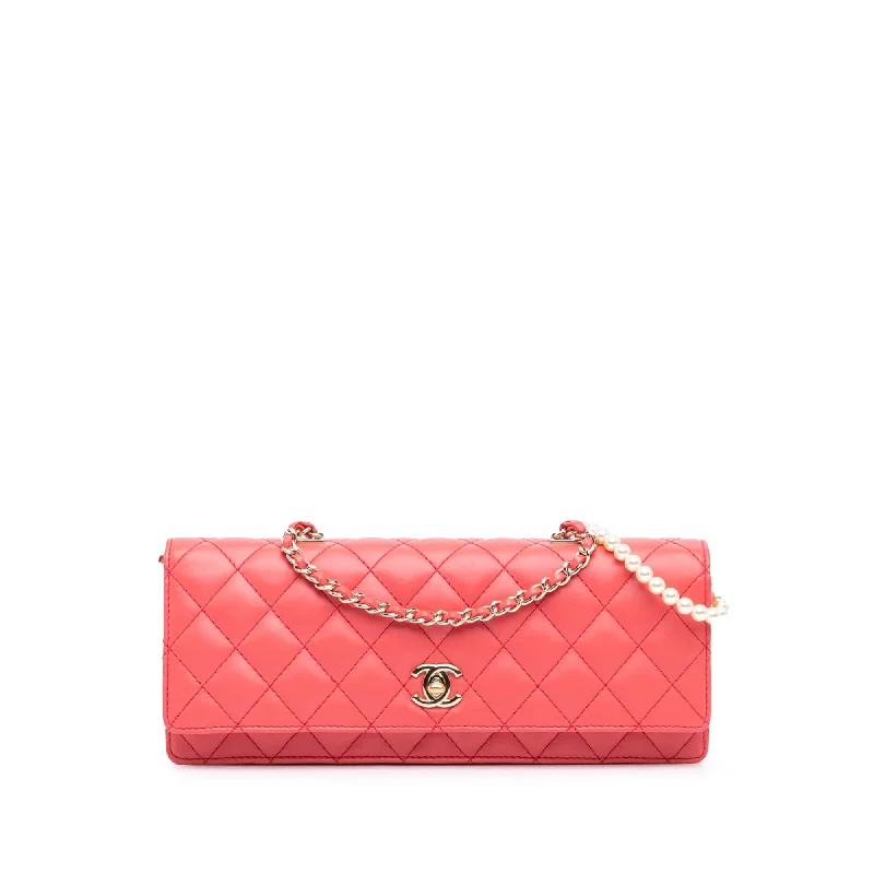 Chanel bags with exclusive seasonal releasesPink Chanel Quilted Lambskin Pearl Chain East West Single Flap Satchel