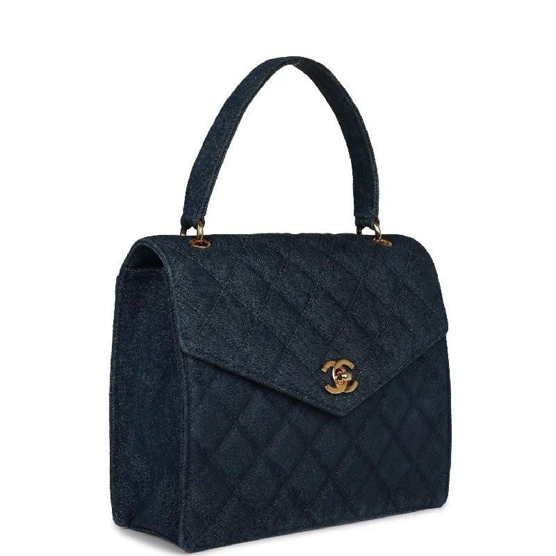 Chanel bags with leather and tweed combinationsVintage Chanel Envelope Flap Top Handle Handbag Dark Blue Denim Gold Hardware