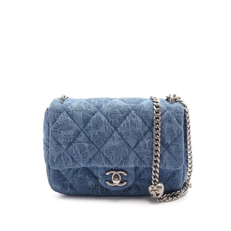 Chanel bags with intricate metal hardwareBlue Chanel Mini Quilted Denim Camellia Sweetheart Flap Crossbody Bag