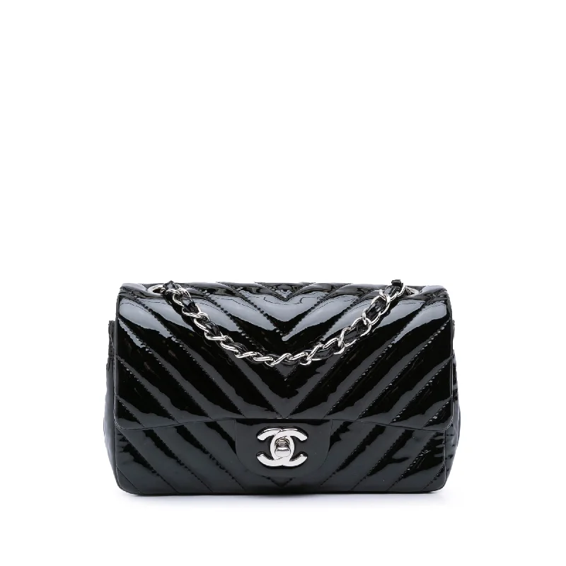 Chanel bags with gold, silver, and pearl accentsBlack Chanel Mini Rectangular Classic Chevron Patent Single Flap Crossbody Bag