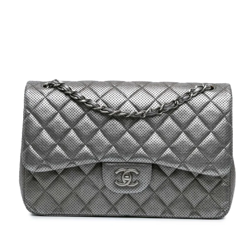 Chanel Black Handbag for Business MeetingsSilver Chanel Jumbo Classic Perforated Lambskin Double Flap Shoulder Bag