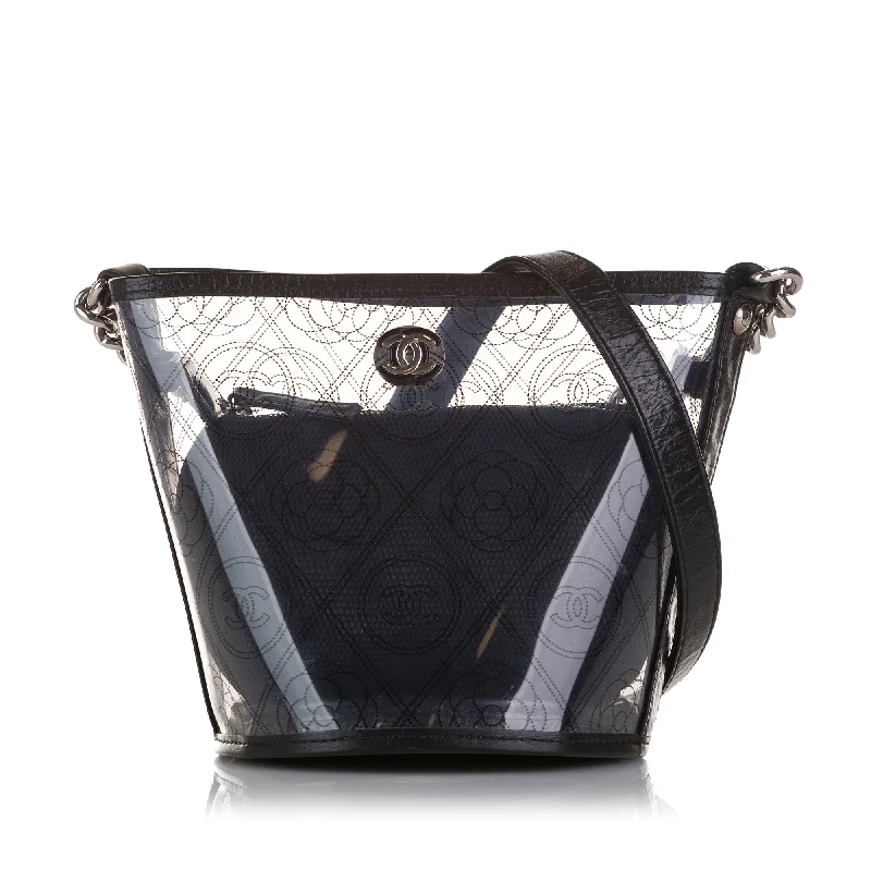 Chanel Small Crossbody Bag for TravelBlack Chanel Crumpled Calfskin PVC Camellia Bucket