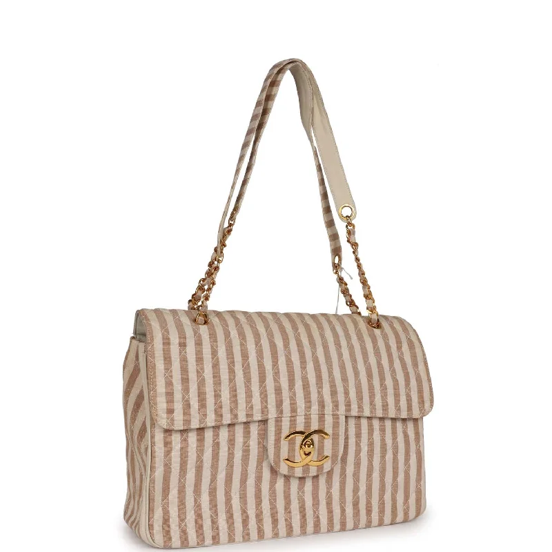 Chanel classicVintage Chanel XXL Travel Flap Bag Striped Linen Gold Hardware