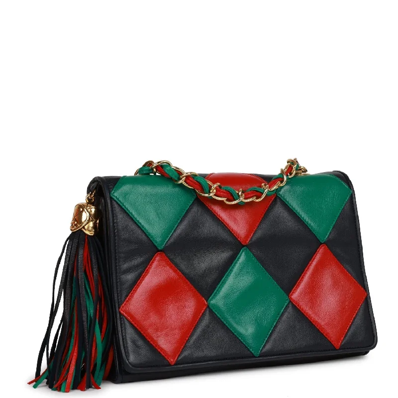 Chanel bags available in bold colors and patternsVintage Chanel Harlequin Flap Bag Green, Red and Blue Lambskin Gold Hardware