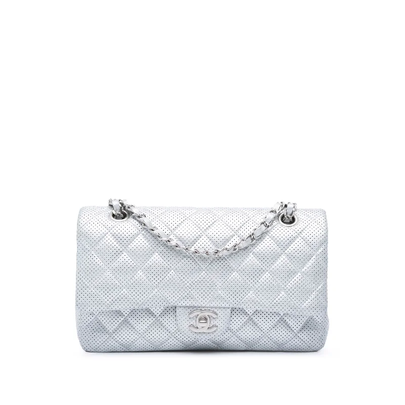 Chanel bags for women with minimalist styleSilver Chanel Medium Classic Perforated Lambskin Double Flap Shoulder Bag