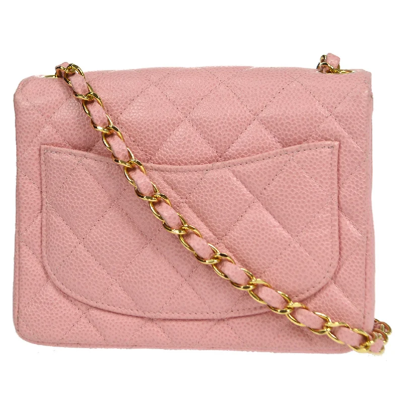 Chanel bags with iconic gold chainsCHANEL★ 2004-2005 Classic Flap Mini Square 17 Pink Caviar 76897