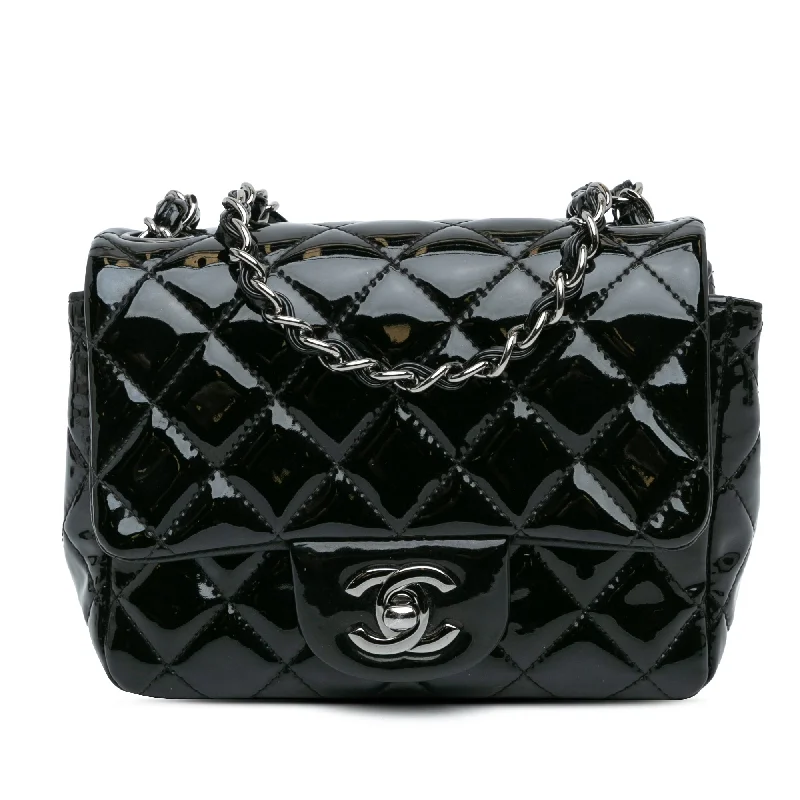 Chanel bags with intricate metal hardwareBlack Chanel Mini Square Classic Patent Single Flap Crossbody Bag