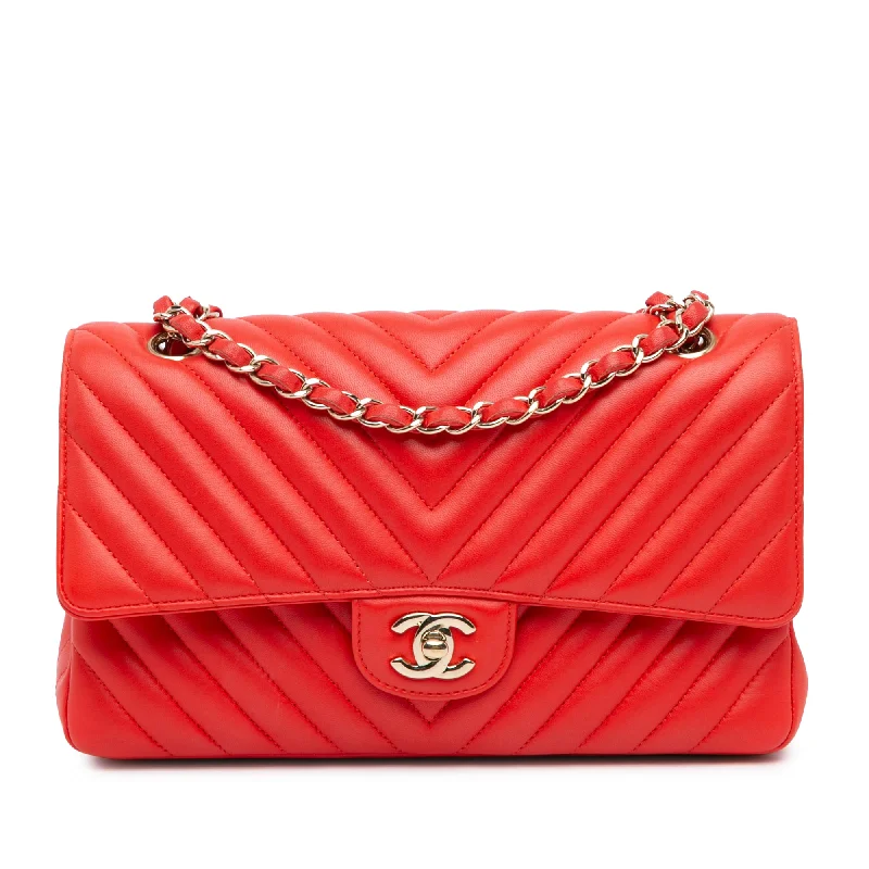 Chanel bags with iconic stitching detailsRed Chanel Medium Classic Chevron Lambskin Double Flap Shoulder Bag