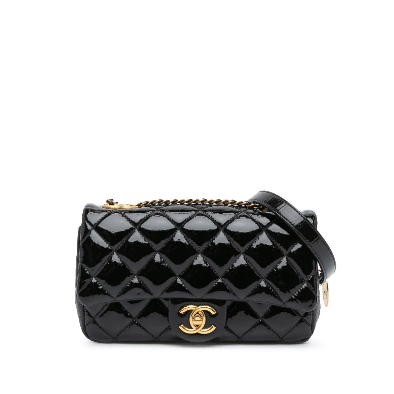 Chanel bags with leather and tweed combinationsBlack Chanel Small Patent Goatskin CC Eyelet Flap Crossbody Bag