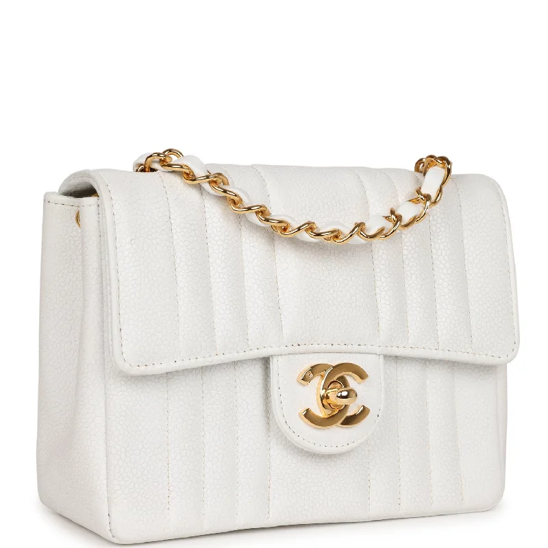 Chanel Small Crossbody Bag for TravelVintage Chanel Mini Square Flap Vertical Stripe White Caviar Gold Hardware