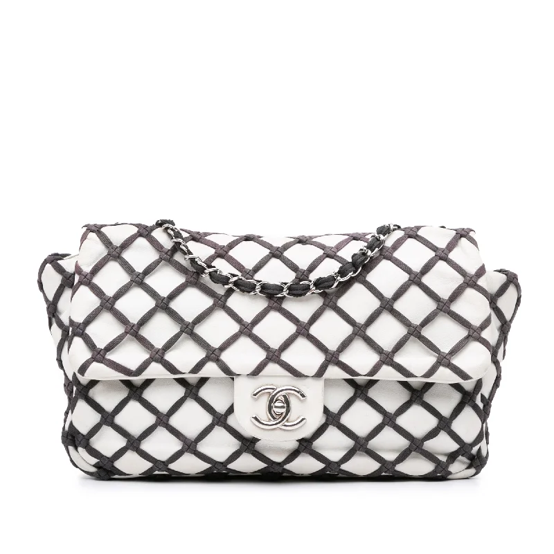 Chanel Quilted Leather Shoulder Bag for FashionistasWhite Chanel Jumbo Calfskin Canebiers Net Flap Shoulder Bag