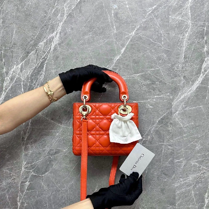 Christian Dior backpacks with a sleek, minimalist silhouette*Brand New* Lady Mini Cannage Lambskin Orange GHW