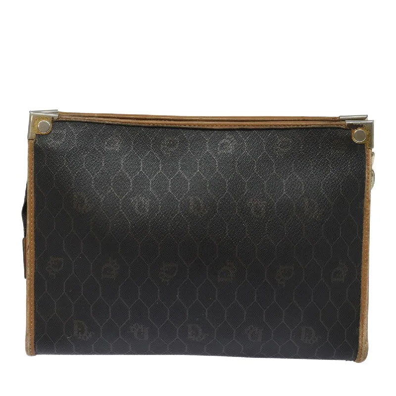 Christian Dior bags with a zip - top closure and multiple compartmentsCHRISTIAN DIOR Honeycomb Canvas Clutch Bag PVC Leather Black Brown Auth ti1770