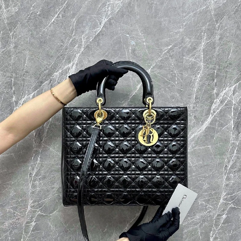 Contemporary Christian Dior handbags with a unique shapeLady Large Patent Leather Black GHW