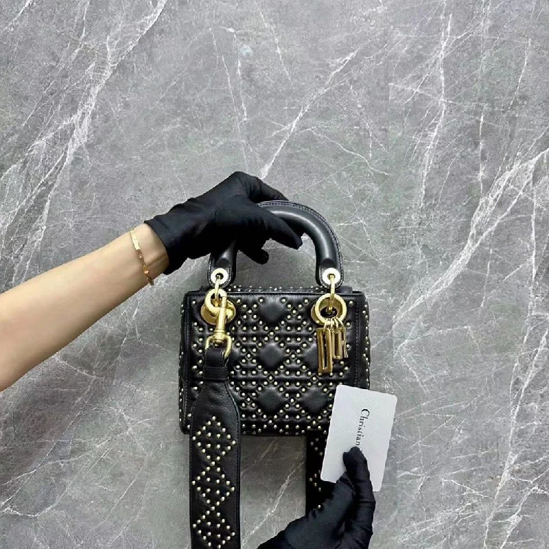 Luxury Christian Dior crossbody bags with a chain - link strapLady Mini Studded Lambskin Black GHW