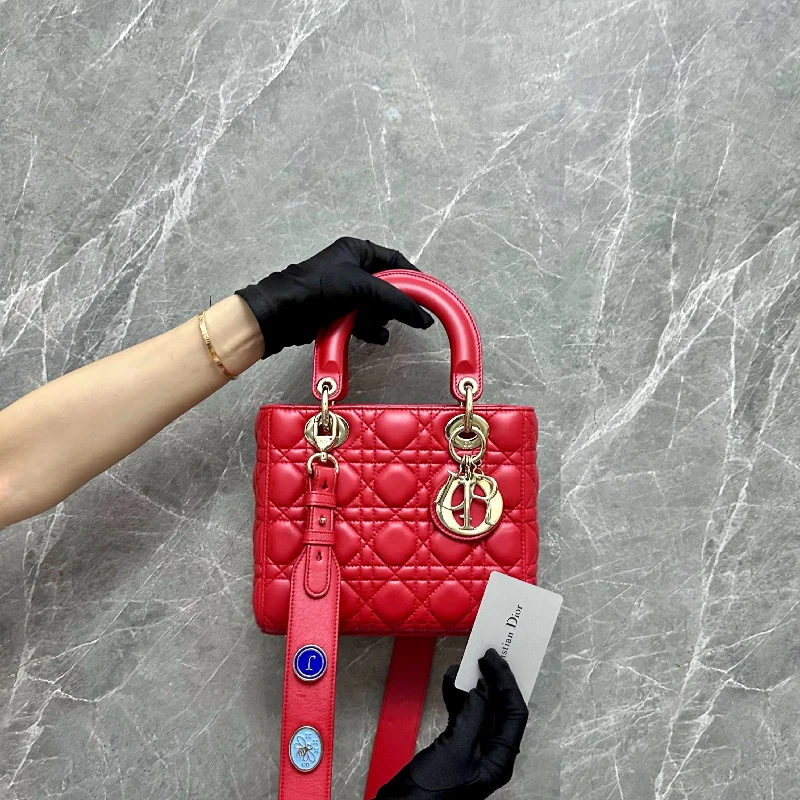 Stylish Christian Dior shoulder bags with a tassel - adorned zipperLady Small Lambskin Red GHW MyABC Charm Badge