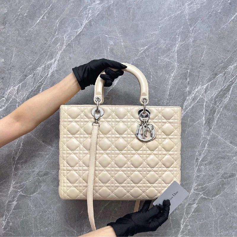 Luxury Christian Dior crossbody bags with a chain - link strap*Like New, Lamb* Lady Large Lambskin Cream Leather Bag