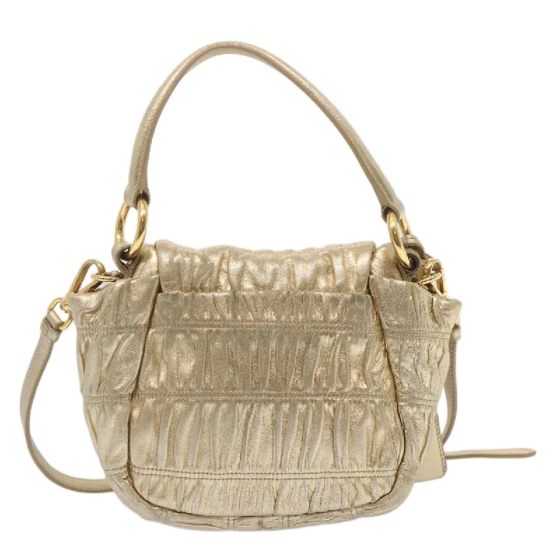 Ladies Prada shoulder bags with a magnetic - closure flap for easy opening and closingPRADA Gathered Shoulder Bag Leather 2way Gold Tone  ki3791